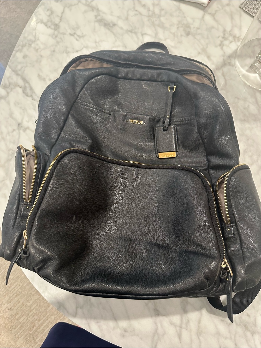 Tumi Black Leather Backpack with Gold Hardware